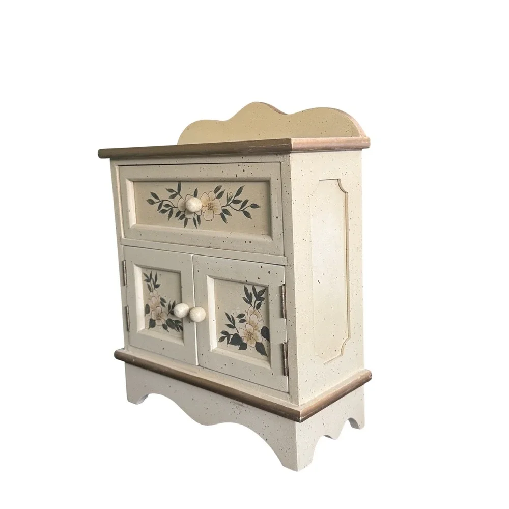 Vintage Floral Wooden Jewelry Box Armoire Cream Hand Painted